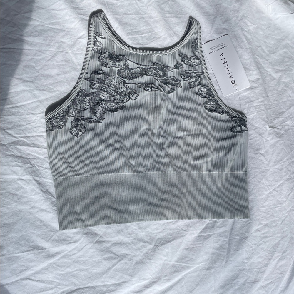 Athleta Light Gray Floral Ribbed High-Neck Sports Bra